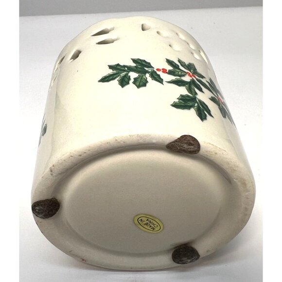 Vintage Christmas Holly Ceramic Votive Candle Holder Pierced Design 4" Height - Picture 4 of 4